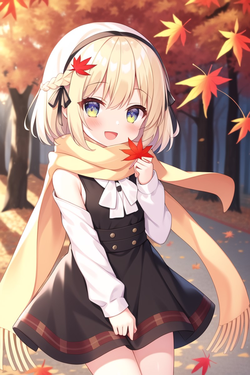 1girl,sleeveless dress,solo,dress,shirt,white shirt,autumn leaves,holding leaf,leaf,maple leaf,looking at viewer,holding,s...